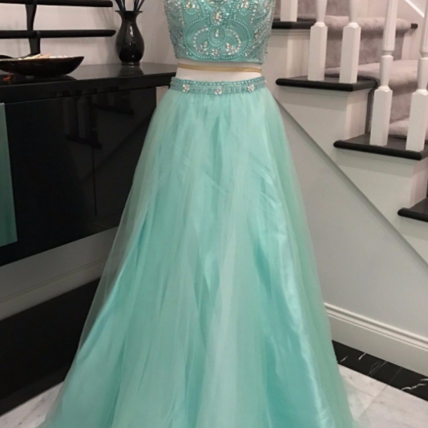 Beaded Embellished Two Piece Prom Dress Featuring High Halter Crop Top And Floor Length Tulle A