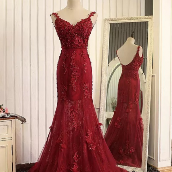 Wine Red Evening Dress,mermaid Evening Gowns,burgundy Prom Dress,lace ...