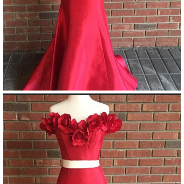 Elegant Two Piece Red Prom Dress Long Evening Dress