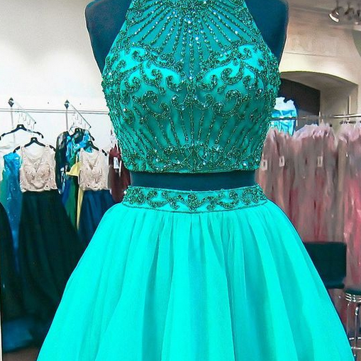 Emerald Green Two Piece Homecoming Dresses Beadings Stylish Short Tulle ...