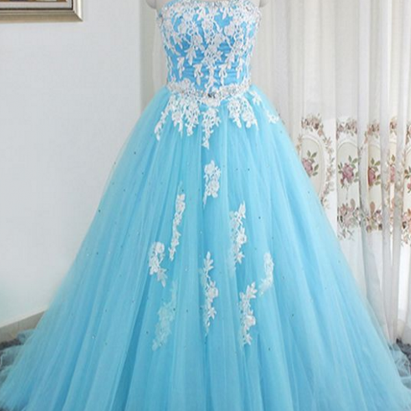 Charming Bule Prom Dress, Elegant Tulle Prom Party Dress, Prom Gown ...