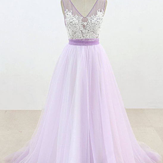 Lavender Tulle Applique Spaghetti Straps Long Dress Tulle Prom Dress Y889 main image 1