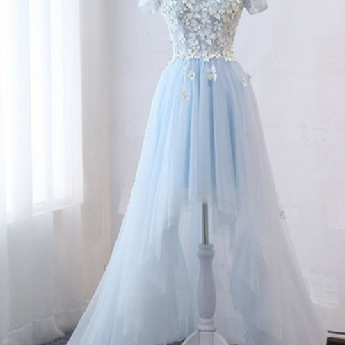 Baby Blue Tulle Off Shoulder Short Sleeve High Low Prom Dress