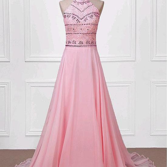 Pretty Tulle And Silk Like Chiffon Halter Neckline A Line Prom Dresses