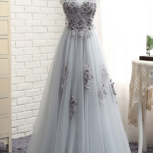 Sliver-Grey Tulle Long Lace V-neckline Party Dress, Floor Length Prom Dress main image 1