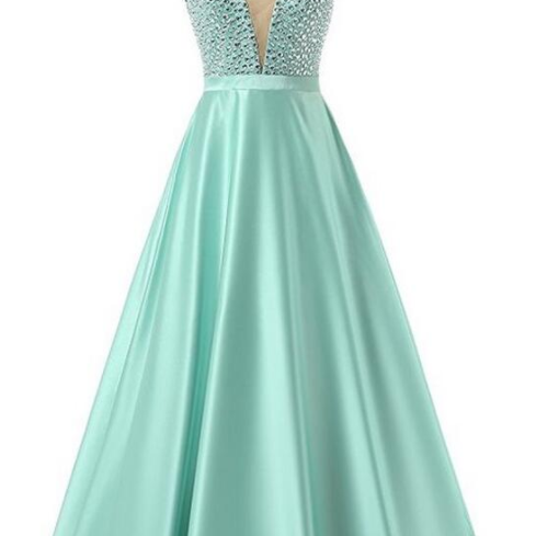 Green Satin Prom Dresses,Sexy Prom Dresses,Beading Prom Dresses