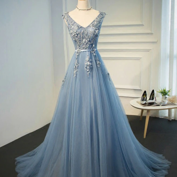 prom dresses,A line v neck tulle lace long prom dress, evening dress
