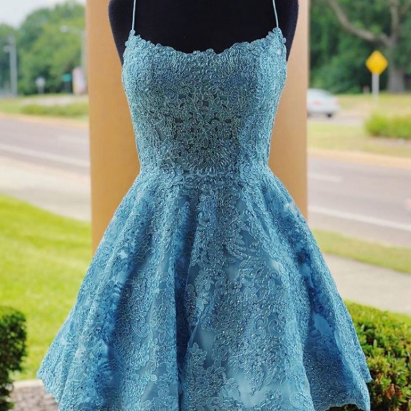 A Line Backless Lace Short Prom Dresses Homecoming Dresses,Backless Lace Formal Graduation Evening Dresses