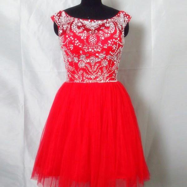 Pretty Red Beadings Tulle Knee Length Prom Dresses, Short Prom Dresses, Graduation Dresses, Evening Gowns