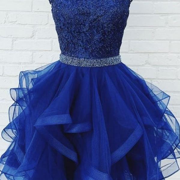 Blue lace short prom dress homecoming dress