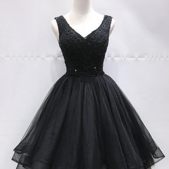 Black Tulle V Back Beaded Knee Length Homecoming Dress, Black Short Party Dress