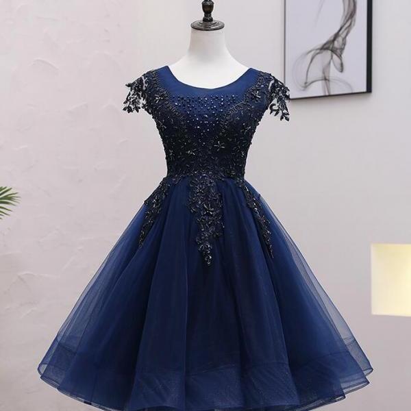 Navy Blue Tulle Beaded Knee Length Cap Sleeves Prom Dress, Blue Homecoming Dress