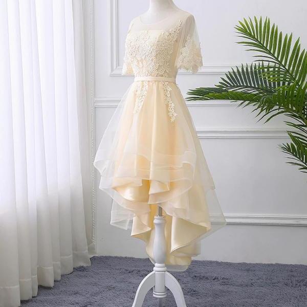 Light Champagne High Low Party Dress with Lace Applique, Short Homecoming Dress