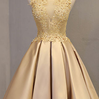 Gold Boat Neck Applique Party Dress,Cute Knee Lnegth Short Prom Dress,A Line Homecoming Dress
