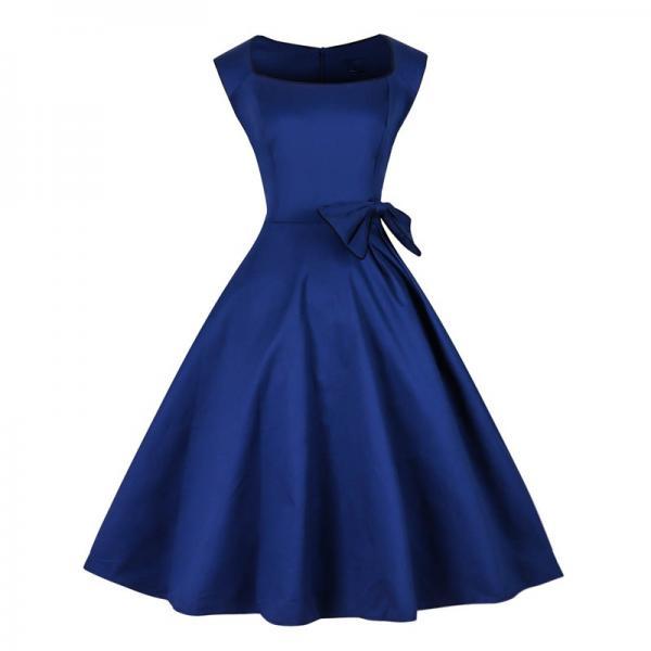 Navy Blue Satin Homecoming Dress, Scoop Neck Women Party Dress, Bow Tie Knee Length Women Dress
