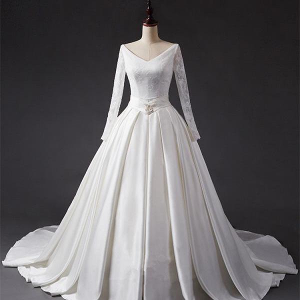 Long Sleeve Heart Hole Back Ball Gown Satin Vintage Wedding Dresses,Elegant Satin Wedding Dresses,Bridal Dresses
