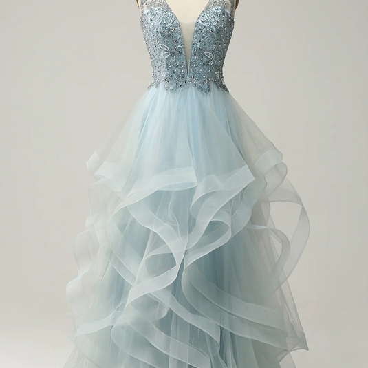 Elegant V Neck Tulle Formal Prom Dress, Beautiful Long Prom Dress, Banquet Party Dress