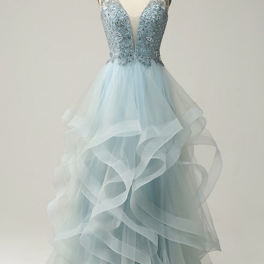 Beautiful Layers V-neckline Tulle Long Formal Dresses, Charming Party Dresses Evening Dress