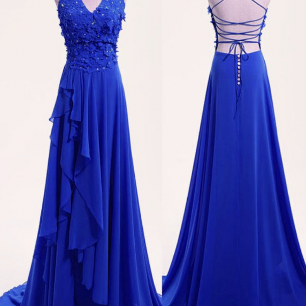 Prom Dresses,High Quality Blue Chiffon V-neckline Party Dress, Blue Formal Dress, Party Dress