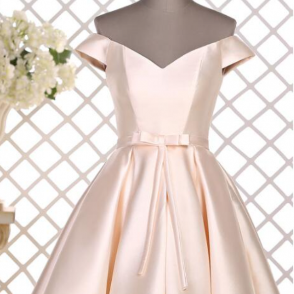 Homecoming Dresses,Light Champagne Off The Shoulder Party Evening Dress, Satin Sweet Party Dresses 