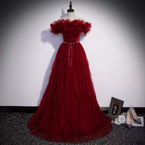 Prom Dresses,Red Dress Off Shoulder Evening Dress Chic Party Dress