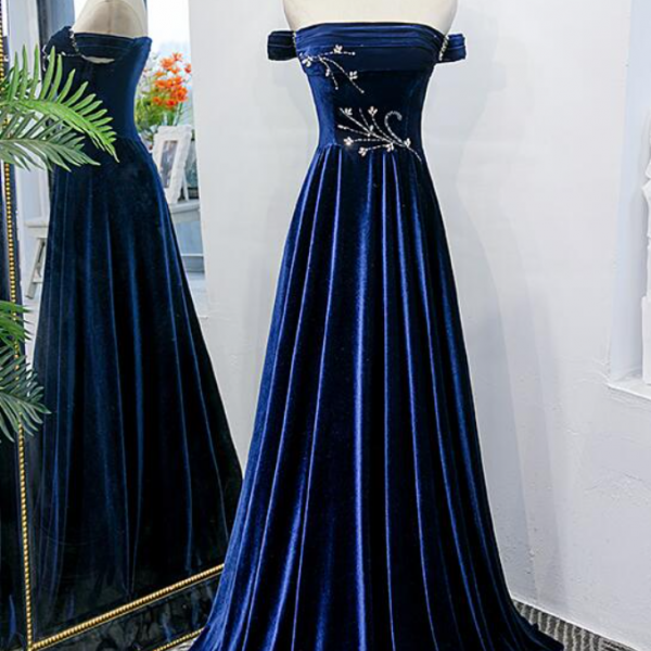 Prom Dresses,Blue Long Velvet Beaded Elegant Off Shoulder Evening Dress