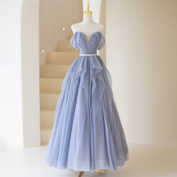 Prom Dresses,Blue Tulle Strapless Evening Dresses, Blue Fairy Party Dresses