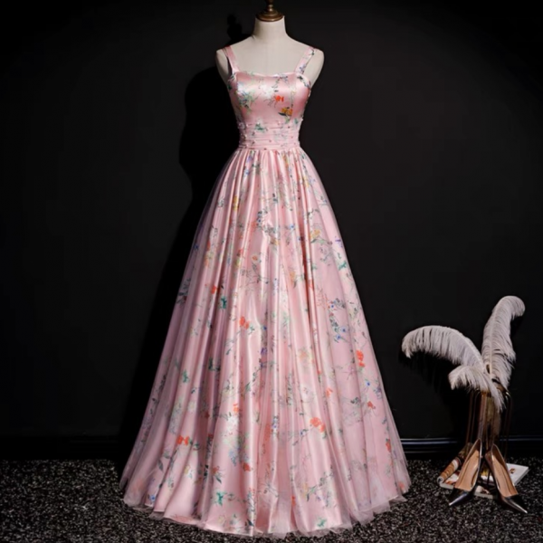 Prom Dresses,Spaghetti Strap Party Dress,charming Pink Evening Dress,floral Prom Dress