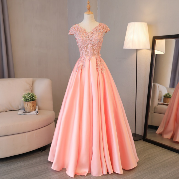Prom Dresses,V-Neck Guest Dresses, Pink Satin Party Dresses, Elegant Formal Dresses