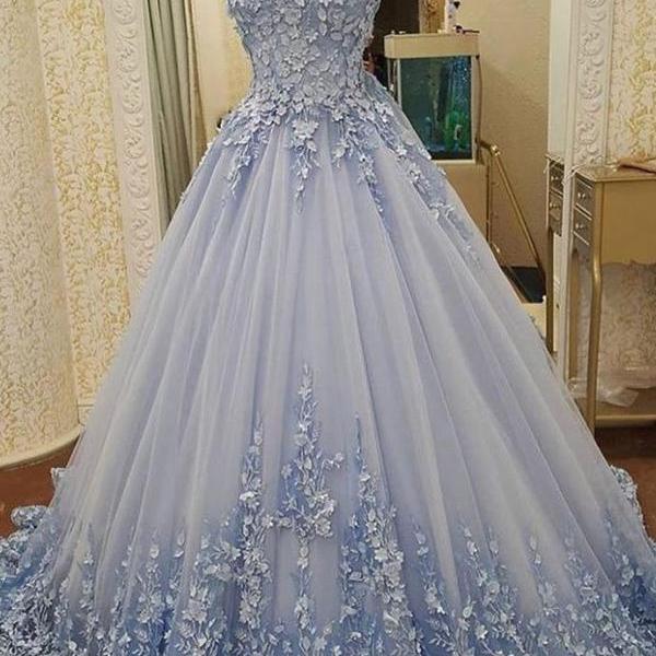 Prom Dresses,Elegant Tulle Evening Dress, Sexy Ball Gown Appliques Prom Dresses