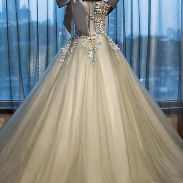 Prom Dresses,Strapless Sleeveless Tulle Long Gowns Dignified Grand Party Dresses