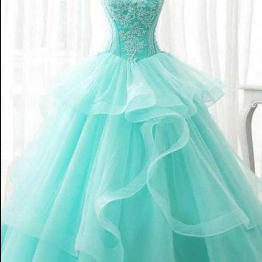Prom Dresses,Green Tulle Sweet Prom Dress Strapless Long Dress A Line Corset Evening Dress