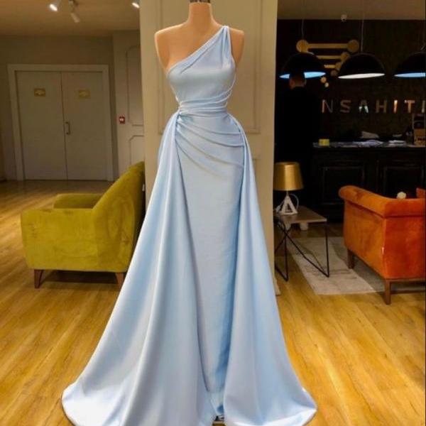Prom Dresses,Dignified Atmosphere One Shoulder Blue Satin Evening Formal Long Dresses