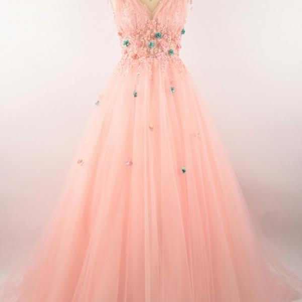 Prom Dresses,Pink Tulle Long Prom Dress, Flower Applique Party Gowns