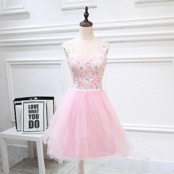 Homecoming Dresses,Pink Tulle Lace Sweetheart A-line Cocktail Dress, Pink Short Prom Dress