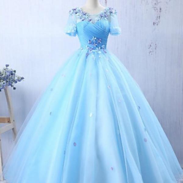 Prom Dresses,Light Blue Formal Evening Dress A-line Floor-length Prom Dress With Appliques