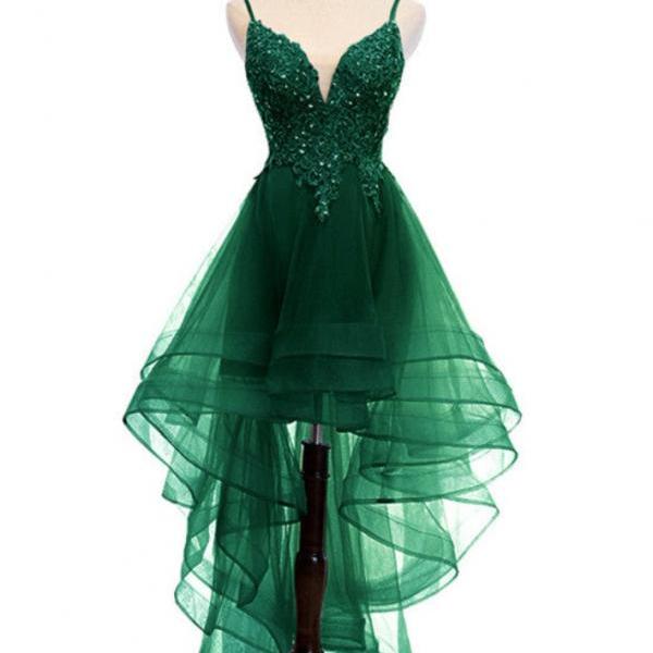Homecoming Dresses,Dark Green High Low Evening Party Dress Prom Dress V Neck Straps Homecoming Dress