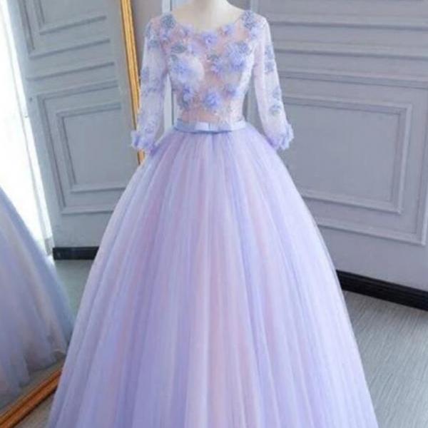 Prom Dresses,Unique Lavender Tulle Mid Sleeve Long A-line Lace Appliqué Evening Dress