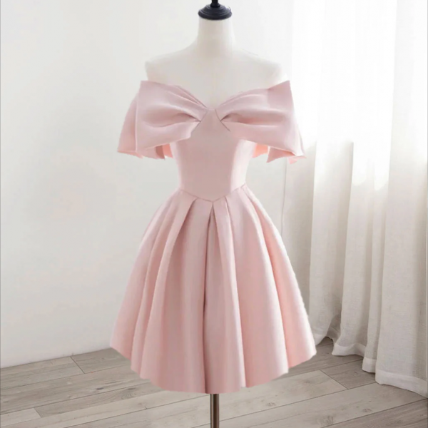 Homecoming Dresses,A-Line Off Shoulder Satin Pink Short Prom Dress, Pink Homecoming Dress