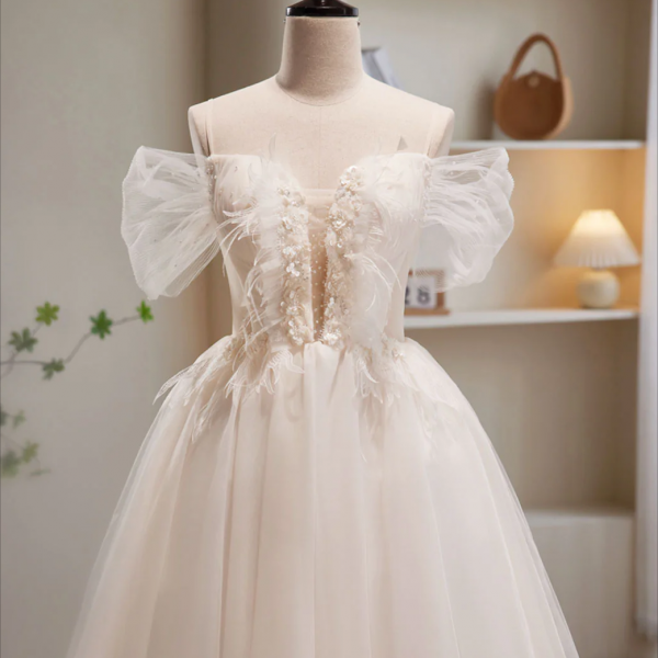 Homecoming Dresses,A-Line Off Shoulder Tulle Short Beige Prom Dress, Cute Homecoming Dress
