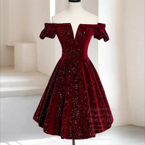 Homecoming Dresses,A-Line Off Shoulder Velvet Burgundy Short Prom Dress, Burgundy Homecoming Dress