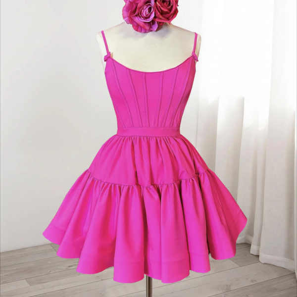 Homecoming Dresses,A-Line Pink Satin Short Prom Dress, Backless Cute Pink Homecoming Dress