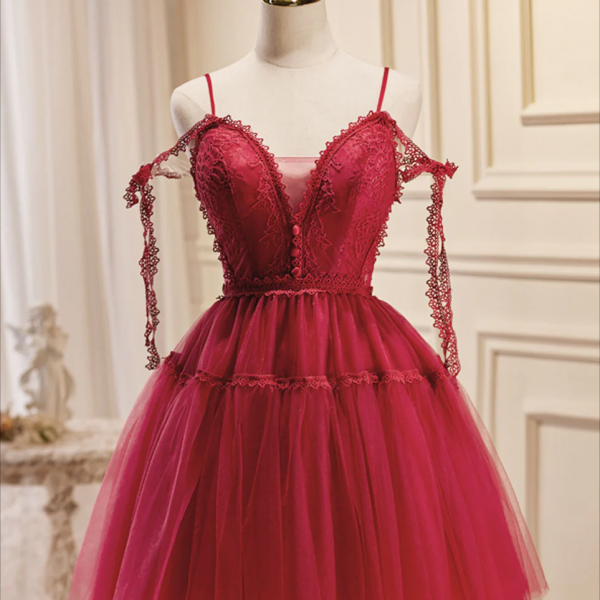 Homecoming Dresses,A-Line Burgundy Lace Short Prom Dress, Burgundy Puffy Homecoming Dresses