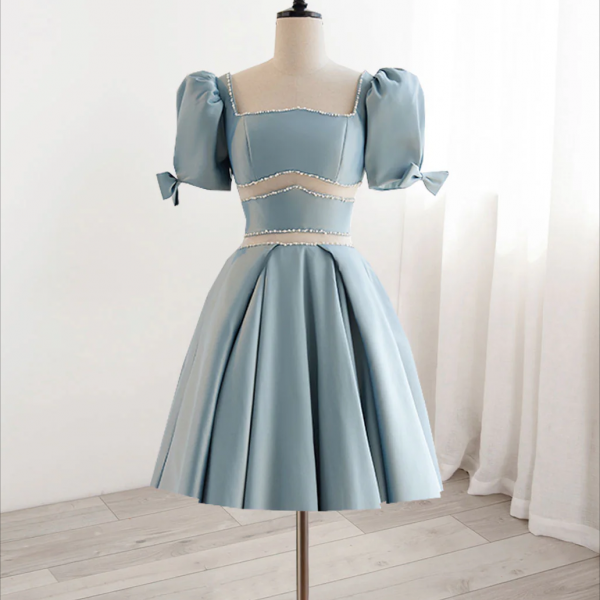 Homecoming Dresses,A-Line Square Neckline Blue Short Prom Dress, Cute Blue Homecoming Dress