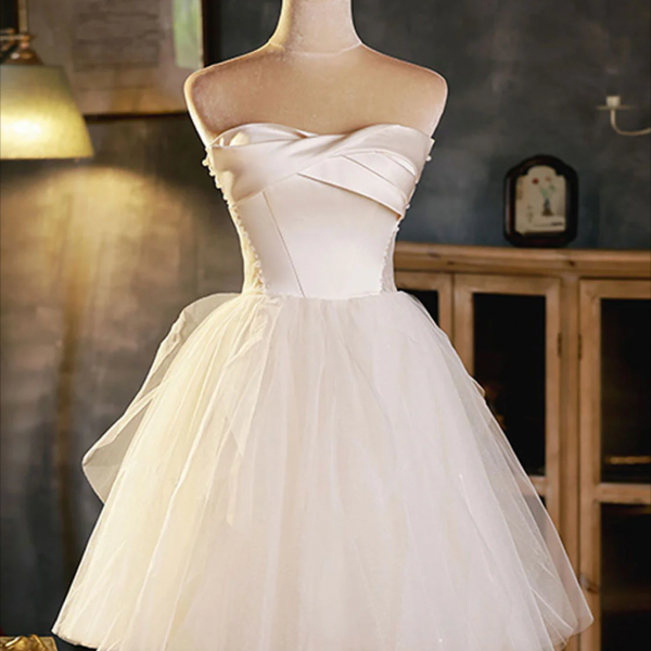 Homecoming Dresses,White Sweetheart Neck Tulle Short Prom Dress, Light Champagne Homecoming Dress