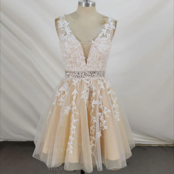 Homecoming Dresses,Champagne V Neck Tulle Lace Short Prom Dress Champagne Homecoming Dress