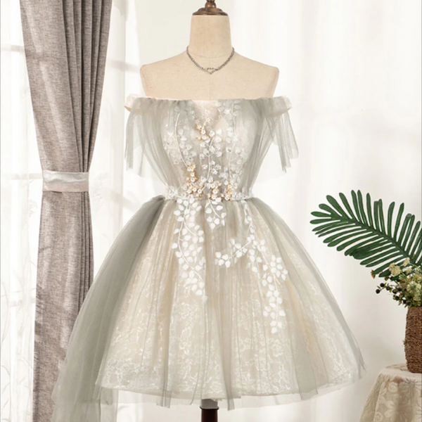 Homecoming Dresses,Cute Gray Tulle Lace Short Prom Dress, Gray Tulle Puffy Homecoming Dress