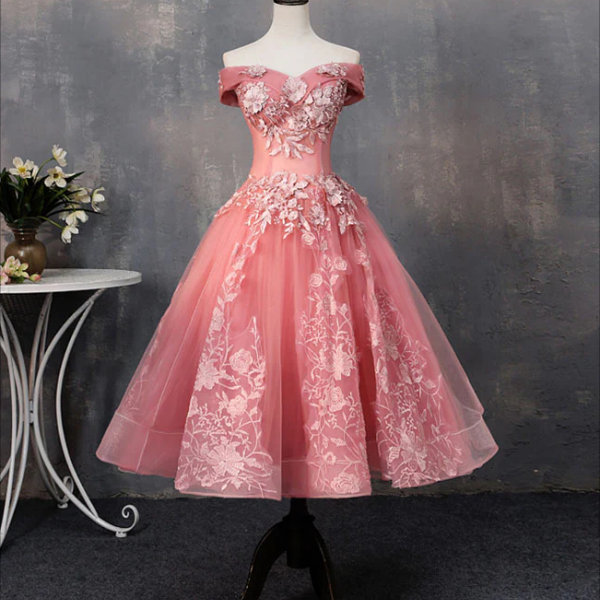 Homecoming Dresses,Pink Tulle Lace Off Shoulder Short Prom Dress Pink Homecoming Dress