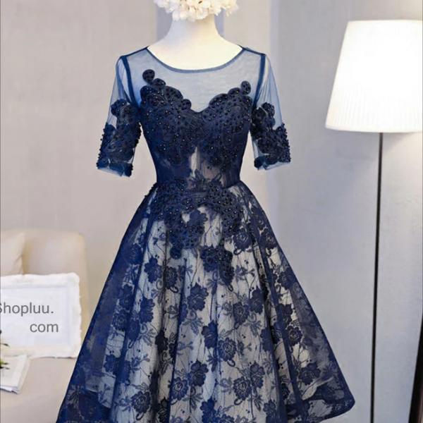 Homecoming Dresses,Cute Dark Blue Lace Short Prom Dress, Blue Homecoming Dress