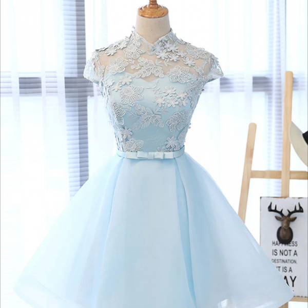 Homecoming Dresses,Cute Blue Lace Tulle Short Prom Dress. Cute Homecoming Dress